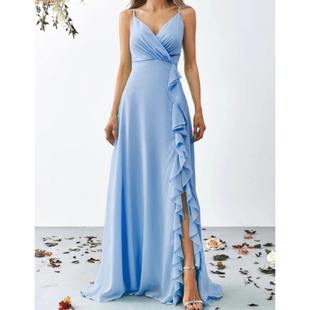 Faeriesty Simple Elegance V Neck Sleeveless Ruffle Slit Maxi Dress in Blue Small